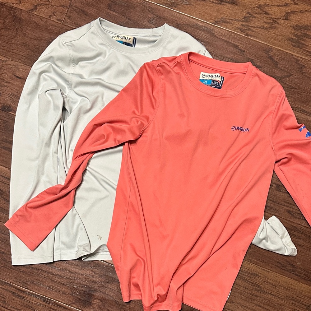 Magellan Outdoors Classic Fit Shirts size Large Coral and Cream colored shirts.